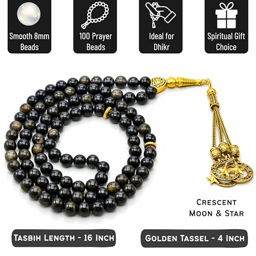 Amazing Gemstone Crystal Tasbeeh with Moon and Star Charm - Certified Crystal Muslim Prayer Beads Natural Gemstone Tasbih Gift for Ramadan Dhikr and Daily Namaz (G) - color: Gold Sheen Obsidian