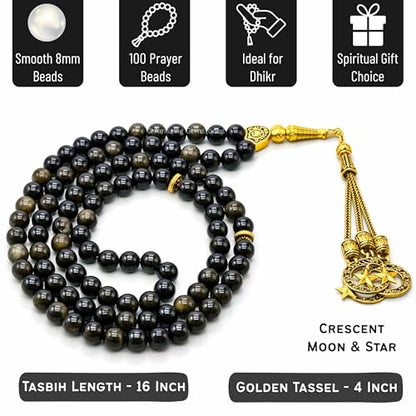 Amazing Gemstone Crystal Tasbeeh with Moon and Star Charm - Certified Crystal Muslim Prayer Beads Natural Gemstone Tasbih Gift for Ramadan Dhikr and Daily Namaz (G) - color: Gold Sheen Obsidian