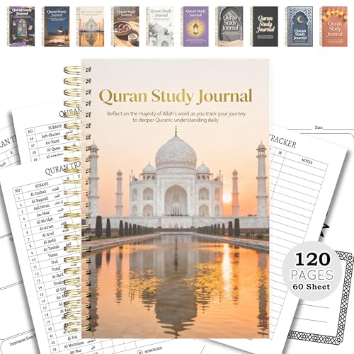 Premium Quran Study Journal - A5 Spiral Bound Islamic Reflection Notebook with 120 Pages 100gsm Thick Paper - Arabic & Translation Tracker for Daily Quranic Study, Memorization & Ramadan Gifts (Sunset Mosque) - color: Sunset Mosque