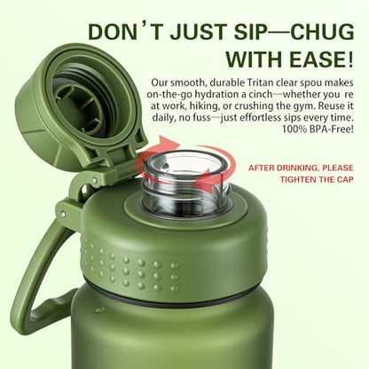 OLDLEY 32oz Water Bottle with Handle, BPA-Free Tritan Reusable Sports Water Bottle with Leak-Proof Dust Lid, Wide Mouth, Cup Holder Friendly, Half Frosted Clear Bottle for Gym,Travel,Work,Olive Green - color: Olive Green
