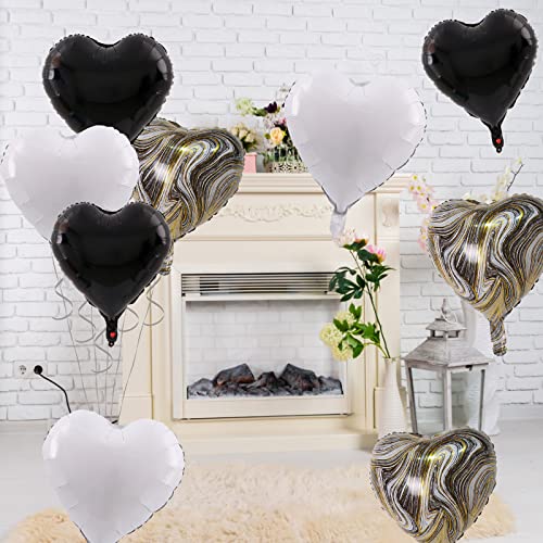 Black White Agate Heart Balloons, 10PCS Foil for Goth Wedding Party - color: Glossy-black White Agate