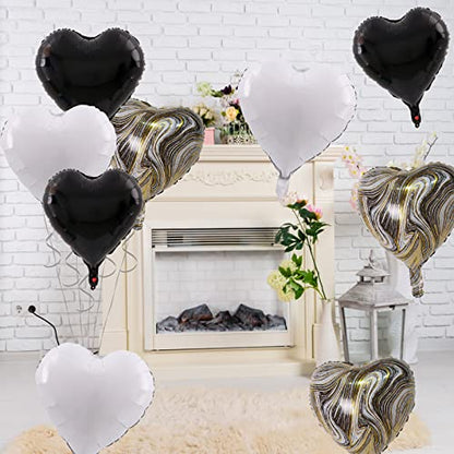 Black White Agate Heart Balloons, 10PCS Foil for Goth Wedding Party - color: Glossy-black White Agate