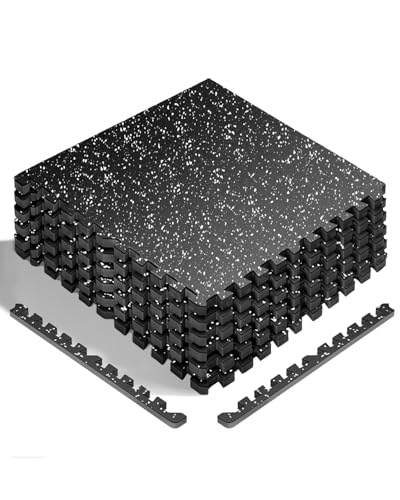 HAPBEAR 0.56'' Thick 12 Pcs 48 Sq Ft Exercise Equipment Mats - High-Density Rubber Top EVA Foam Interlocking Mats, 24x24in Tiles, Heavy-Duty Treadmill Mat for Hardwood Floors, Home Gym Mat - color: 6 Tiles（ 24 Sq Ft) - Black