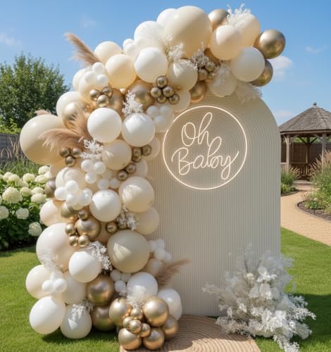 Sand White Gold Balloon Arch Kit, 140Pcs Beige Nude White Balloon with Metallic Gold Balloon Garland Kit for Boho Birthday Wedding Baby Shower Bridal Shower Engagement Prom Party Decorations - color: Sand White and Gold