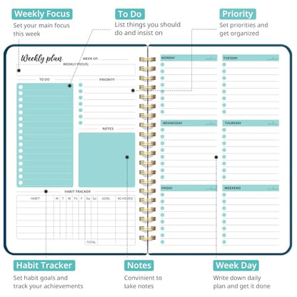 Taja Undated Weekly Planner, Weekly To Do List Notebook with Goal & Habit Tracker Organizer, A5 Weekly Planner Notebook with Spiral Binding, 6.1" x 8.2" - Navy - color: i.Navy