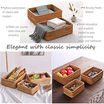 Handmade Rectangle Wicker Fruit Box Rattan Tray Magazine Organizer and Small Objects Container Serving Basket (3-Size/Kit) - size: 3-Size/Kit