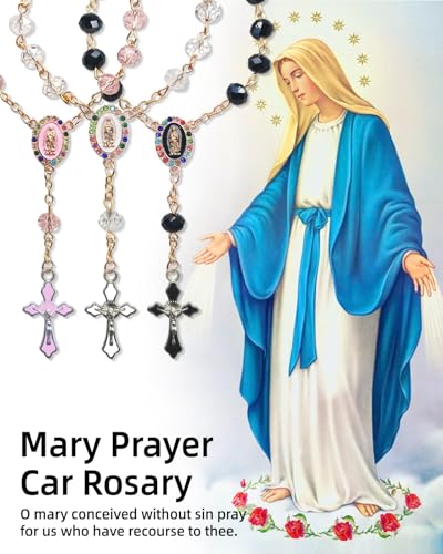 Rimvoe Car Rosary for Rearview Mirror Hanging - Catholic Religious Devout Gift with Virgin Mary Charm and Crucifix, Ideal Catholic Rosary Gifts for Men & Women (Black)