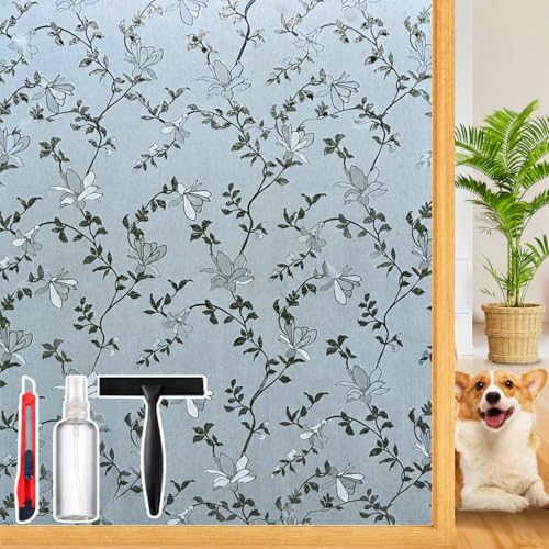 Frosted Glass Window Film with Elegant Flower Design, Bathroom Window Privacy Film for Glass Windows Cover, Static Cling, Removable, Reusable, Anti-UV, Anti-Glare, 17.5 Inch * 78.74 Inch - color: Pure, size: 17.5 Inch * 78.74 Inch