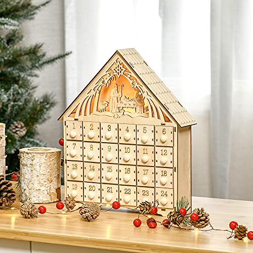 HOMCOM Christmas Advent Calendar, Light Up Manger Scene Tabletop Xmas Wooden House Holiday Decoration with Countdown Drawer, Bible Characters, for kids Adults