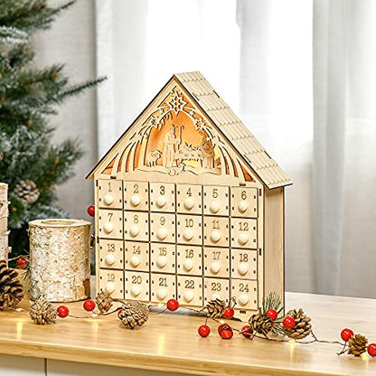 HOMCOM Christmas Advent Calendar, Light Up Manger Scene Tabletop Xmas Wooden House Holiday Decoration with Countdown Drawer, Bible Characters, for kids Adults