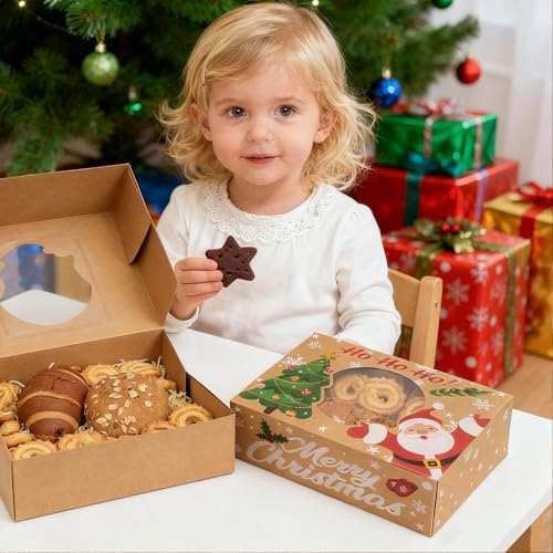 24 Pack Christmas Cookie Boxes - 8.25"x6"x2.75" Brown Kraft Bakery Box with Window for Holiday Treats, Gift Exchange Box for Baked Goods, Cookie Tins with Lids for Gift Giving - color: Christmas-Brown
