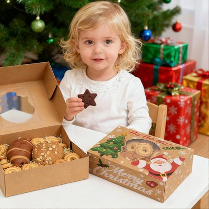 24 Pack Christmas Cookie Boxes - 8.25"x6"x2.75" Brown Kraft Bakery Box with Window for Holiday Treats, Gift Exchange Box for Baked Goods, Cookie Tins with Lids for Gift Giving - color: Christmas-Brown