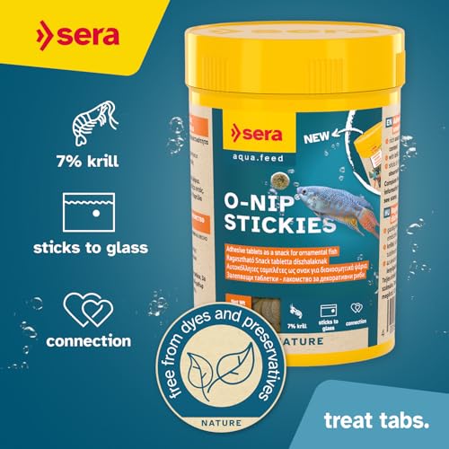 Sera O-Nip Nature 100 Tabs 2.1 oz | Complete Feed for All Ornamental Fish | Adhesive Tablets Stick to the Aquarium Glass | High Protein | No Dyes & Preservatives | with Bloodworms, Krill & Tubifex - size: 2 Ounce (Pack of 1)
