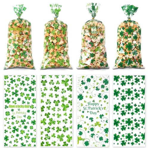 eowqeiur 100 PCS St Patricks Day Treat Bags(5x11 Inch) Green Shanrock Cellophane Bags for Cookie Candy Goodie Goody Snack Gifts Wrap Clover Spring Baggies Pouch St Patricks Party Favors Supplies - color: 100 St Patrick bags