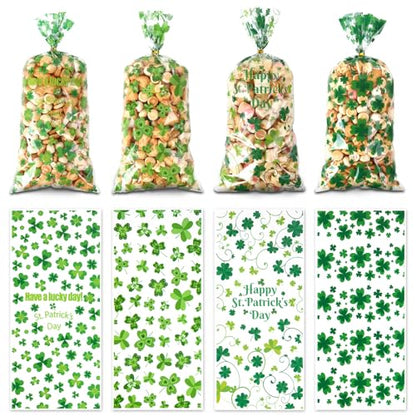 eowqeiur 100 PCS St Patricks Day Treat Bags(5x11 Inch) Green Shanrock Cellophane Bags for Cookie Candy Goodie Goody Snack Gifts Wrap Clover Spring Baggies Pouch St Patricks Party Favors Supplies - color: 100 St Patrick bags