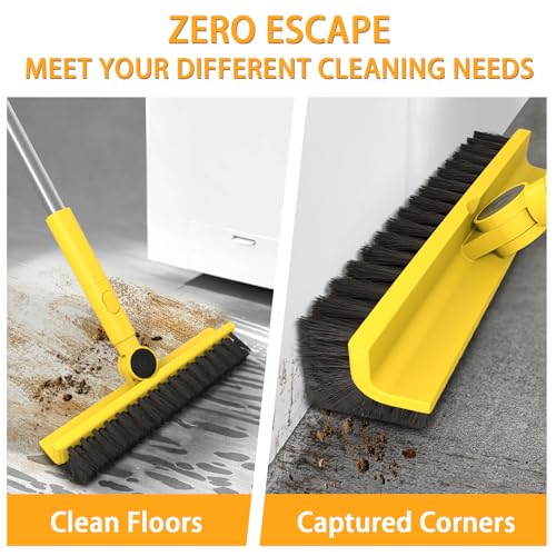 Dymoll Multi-Purpose V-Shaped Grout Brush with 16.9" Floor Squeegee Set, Long Handle Floor Scrub Brush for Cleaning Bathroom Tile Corner Baseboards, Squeegee for Cleaning Garage Floor Window Glass