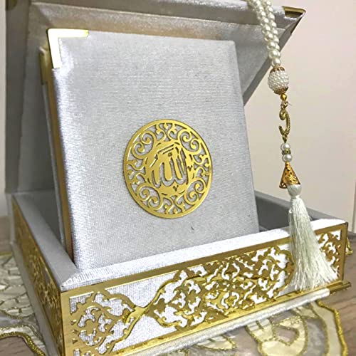 Velvet Covered Quran and Pearl Tasbih in Wooden Decorative Box | Islamic Gift Set | Muslim Eid Ramadan Gift (White) - color: White