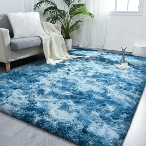 FlyDOIT Large Area Rugs for Living Room, 4x6 Feet Tie-Dyed Dark Blue Shaggy Rug Fluffy Throw Carpets, Ultra Soft Plush Modern Indoor Fuzzy Rugs for Bedroom Girls Kids Nursery Room Dorm Home Decor - color: Dark Blue, size: 4' x 6' (Rectangular)