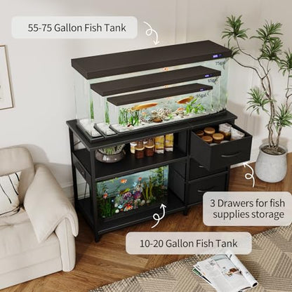 Garvee 55-75 Gallon Aquarium Stand, Heavy Duty Fish Tank Stand with Drawers & Shelves, LED Light, 1000lbs Capacity, Fish & Reptile Tanks Stand with Power Outlet & USB