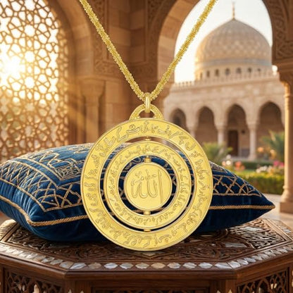 Islamic Ayatul Kursi Necklace for Women Men Allah Teardrop Necklace Stainless Steel Allah Name of God Arabic Quran Calligraphy Script Rotatable Pendant Necklaces Muslim Jewelry Ramadan Gift - color: gold 1
