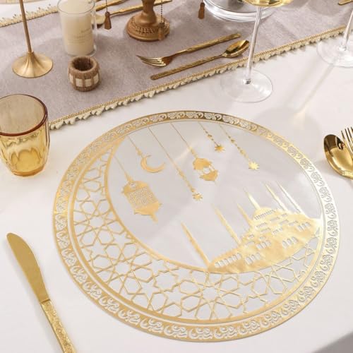 Sanfly Ramadan Placemat 4pcs Eid Mubarak Placemat Gold Moon Star Dining Table Place Mat for Islam Muslim Festival Party