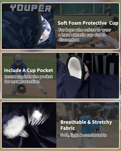Youper 2 Pack Youth Brief with Soft Protective Athletic Cup, Youth Compression Underwear for Baseball & Football - color: Navy & Camo, size: Small