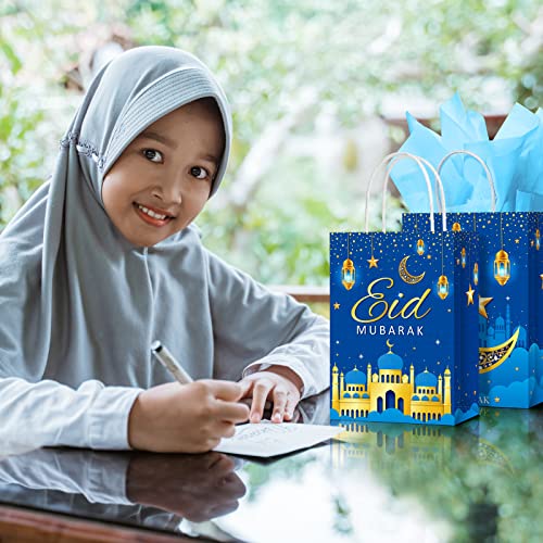 Censen 16 Sets Eid Mubarak Gift Bags with Tissue Paper, Ramadan Goodies Bags for Ramadan Party Supplies Favor (Blue) - color: Blue