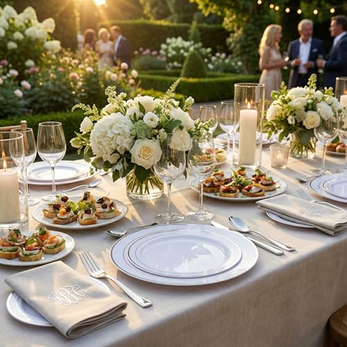 Supernal 400pcs Silver Plastic Dinnerware Set Heavy Duty Disposable Plates Include Silver Plastic Dessert Plates,50 Spoons & Knives & Cups & Napkins & 100 Forks,Prfect For Party and Wedding - color: 400pcs White and Silver Plastic Dinnerware