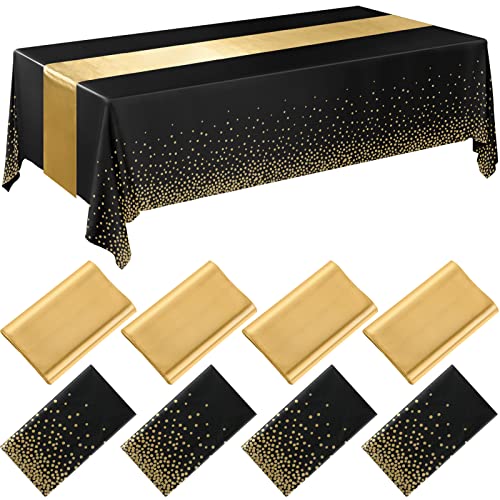 Breling 8 Pack New Year Black and Gold Disposable Plastic Tablecloths and Satin Table Runner Set, 54 x 108 Inch Tablecloth, 12 x 108 Inch Table Runners for Wedding Graduation Birthday Baby Shower - color: Black and Gold