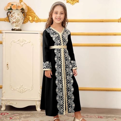 Kids Girls Ramadan Muslim Lace Trim Maxi Dress with Belt Prayer Arabic Kaftan Dubai Islamic Eid Dresses - color: Black, size: 8-9 Years