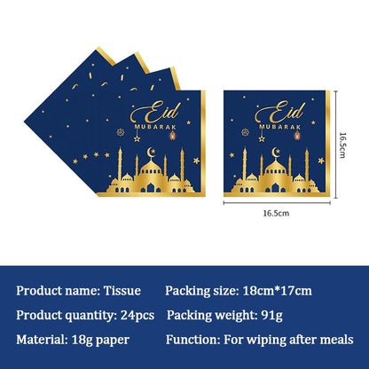 Generic Eid Mubarak Ramadan Mubarak Plates, Cups, Napkins party pack, Disposable Paper Tableware, Islamic Party Dinnerware, Eid Decoration, Blue and Gold