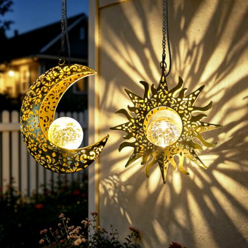 Solar Sun & Moon Lanterns Set, Hanging Decor for Garden, Gifts for Grandmom - size: Warm White