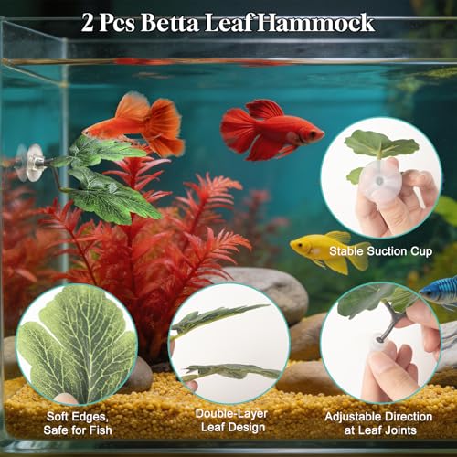 Floating Betta Hammock & Fish Toys Set,7Pcs Betta Fish Tank Accessories Mirror and Exercise Ring with Leaf Hammock Simulates Natural Habitat Comfortable Resting for Betta, Shrimp & Small Fish