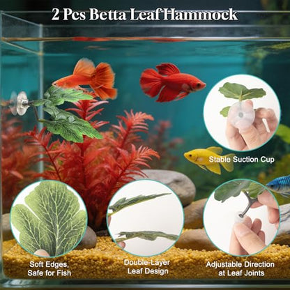 Floating Betta Hammock & Fish Toys Set,7Pcs Betta Fish Tank Accessories Mirror and Exercise Ring with Leaf Hammock Simulates Natural Habitat Comfortable Resting for Betta, Shrimp & Small Fish