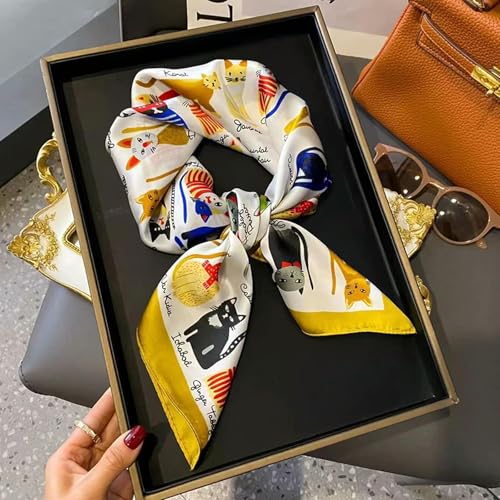 Square Silk Scarf Women Shawl Headbands Small Soft Neckkerchief Cat Print Bandana Satin Hijab Scarves - color: 1