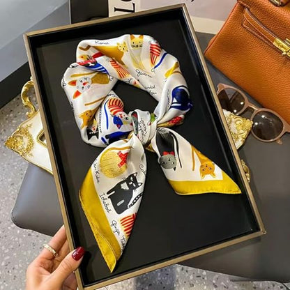 Square Silk Scarf Women Shawl Headbands Small Soft Neckkerchief Cat Print Bandana Satin Hijab Scarves - color: 12