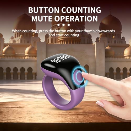Smart Tasbih Zikr Ring,Adjustable Counter, 3 Sizes (18,20,22mm) Muslim Digital Azan Alarm Clock,APP Support Digital Counter Prayer Reminder Rings, Waterproof 5 Digit Finger Counter zikr Ring(Purple) - color: Purple