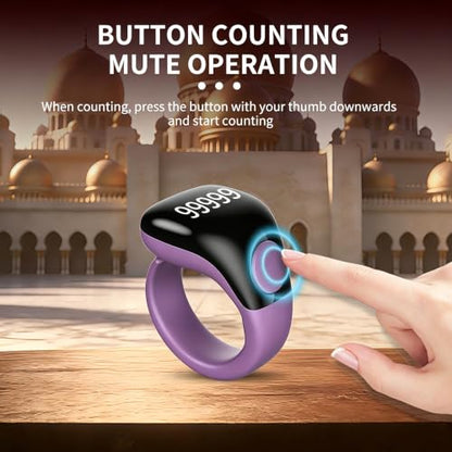 Smart Tasbih Zikr Ring,Adjustable Counter, 3 Sizes (18,20,22mm) Muslim Digital Azan Alarm Clock,APP Support Digital Counter Prayer Reminder Rings, Waterproof 5 Digit Finger Counter zikr Ring(Purple) - color: Purple