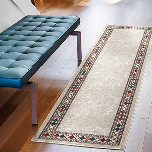 Antep Rugs Alfombras Modern Bordered 2x10 Non-Skid (Non-Slip) Low Profile Pile Rubber Backing Indoor Area Runner Rugs (Beige, 2' x 10') - color: Beige, size: 2' x 10' (Runner)