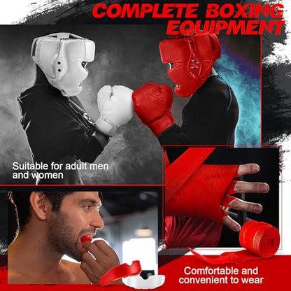 Kanayu 14 Pcs Boxing Gloves and Headgear Set for Beginners Youth 16 Ounce Boxing Gloves Headgear Helmet Hand Wraps Mouth Guards Equipment for Beginners Training Equipment Gifts - color: White, Red
