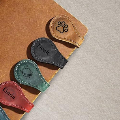 Personalized Leather Magnetic Bookmark – Custom Initial Bookmark with Icons and Logo, Handmade Reader Gift, Custom Magnet Bookmark for Book Lovers, Gift for Him & Her