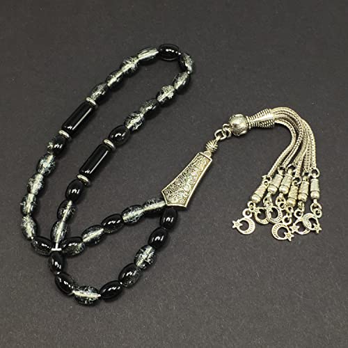 Transparent Crackle Black Glass Worry Beads, Prayer Beads, Tesbih, Tasbih, Tasbeeh, Rosary, Misbaha, Masbaha, Subha, Sebha (8x6mm-33 Beads) - color: Transparent Crackle Black Glass -8x6mm-33 Beads