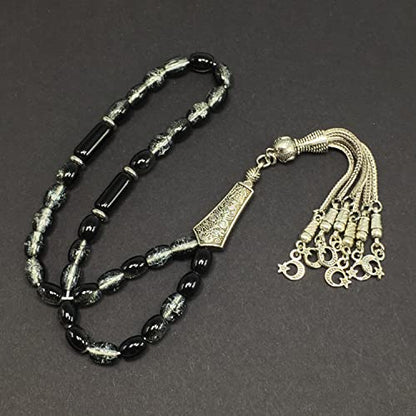 Transparent Crackle Black Glass Worry Beads, Prayer Beads, Tesbih, Tasbih, Tasbeeh, Rosary, Misbaha, Masbaha, Subha, Sebha (8x6mm-33 Beads) - color: Transparent Crackle Black Glass -8x6mm-33 Beads
