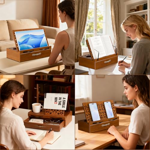 Adjustable Wooden Book Stand with Storage - Multi-Function Hands Free Book Holder for Books, Tablets & Recipes with Cup Slot, Pen Groove & Page Holder - Perfect Kitchen Counter & Gifts for Book Lovers