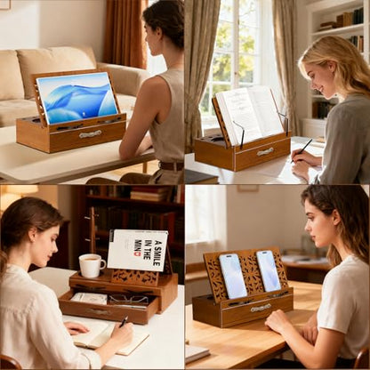 Adjustable Wooden Book Stand with Storage - Multi-Function Hands Free Book Holder for Books, Tablets & Recipes with Cup Slot, Pen Groove & Page Holder - Perfect Kitchen Counter & Gifts for Book Lovers