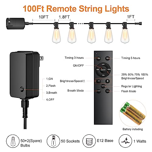 100FT Remote Outdoor String Lights for Outside, 50+2 LED Waterproof Shatterproof Edison Dimmable Timer Bulbs, 2500K Warm White Patio Lights for Garden Backyard Yard Hanging Lighting - size: 100FT