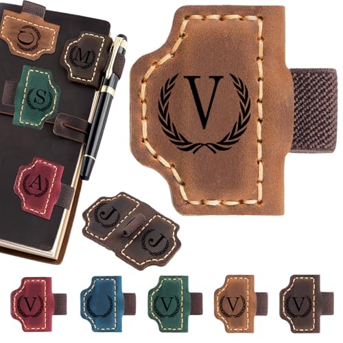 Personalized Magnetic Leather Bookmark with Pen Holder - 26 Letters Custom Book Mark with Name Initial Engraved Book Marker for Readers, Book Lovers, Travelers - Gift for Women & Men(Light Brown，V - color: Light Brown, size: V
