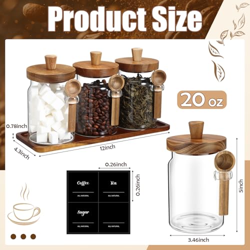 3 Pcs Glass Coffee Container with Wooden Lid Spoon Shelf Labels Clear Airtight Jar Food Storage Canister Set for Sugar Spice Coffee Bean Holder Housewarming Gift(20 oz,Acacia Brown) - size: 20 oz