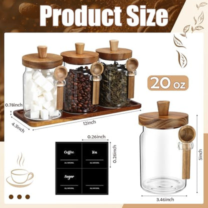 3 Pcs Glass Coffee Container with Wooden Lid Spoon Shelf Labels Clear Airtight Jar Food Storage Canister Set for Sugar Spice Coffee Bean Holder Housewarming Gift(20 oz,Acacia Brown) - size: 20 oz