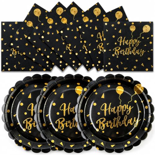 50PCS Happy Birthday Paper Plates and Napkins - 7 Inch Birthday Cake Plates Scalloped Black and Gold Dessert Plates and 6.5 Inch Napkins Disposable Tableware Set, Serves 25 - color: Black and Gold